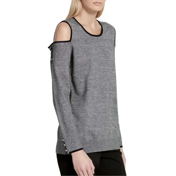 CALVIN KLEIN NEW Women's Gray Contrast-trim Cold-shoulder Sweater Top Size Large - Picture 1 of 4